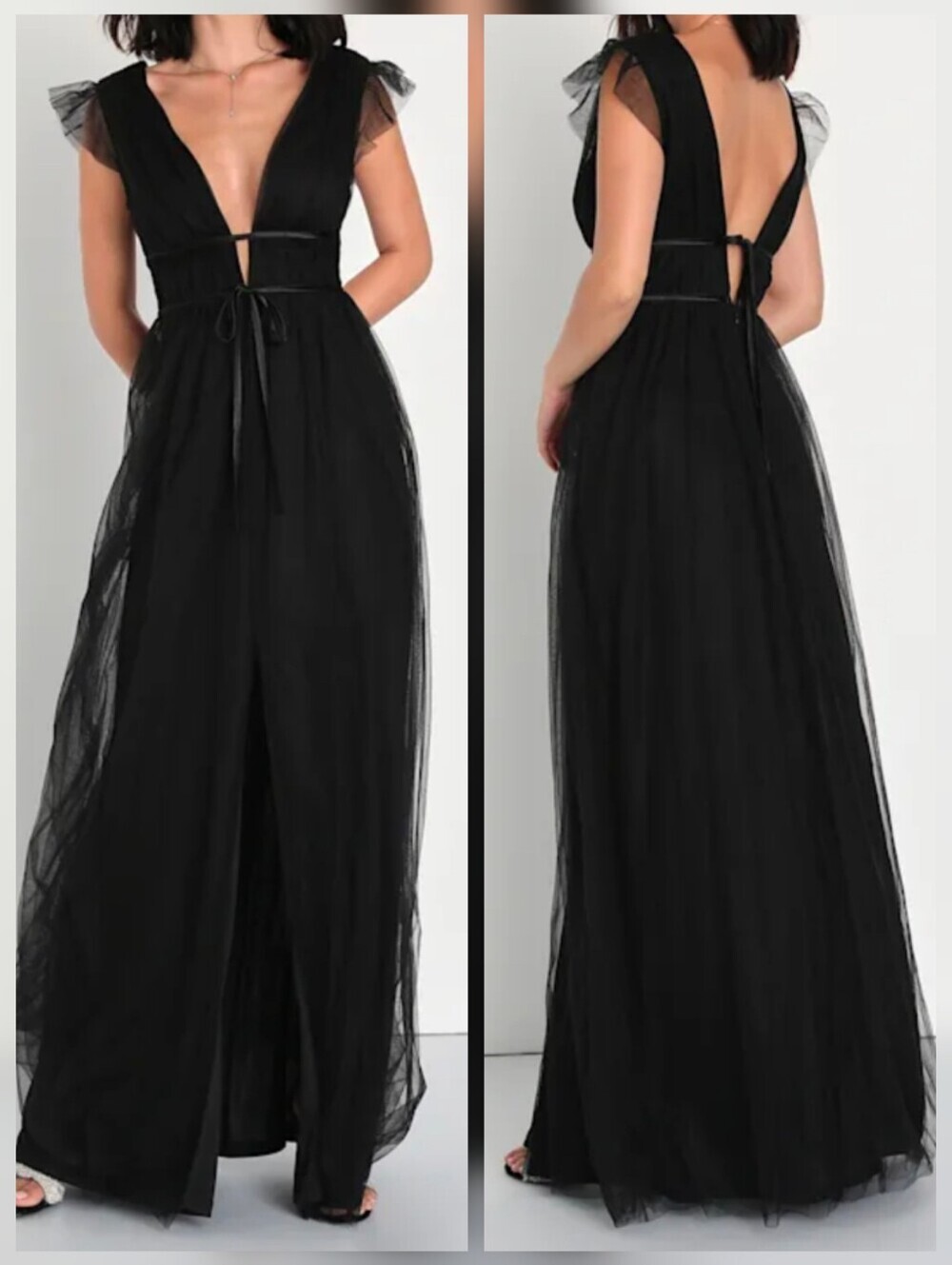 Lulus I'm All Yours Black Tulle Ruffled Maxi Dress - V-Neck V-Back - Size Large